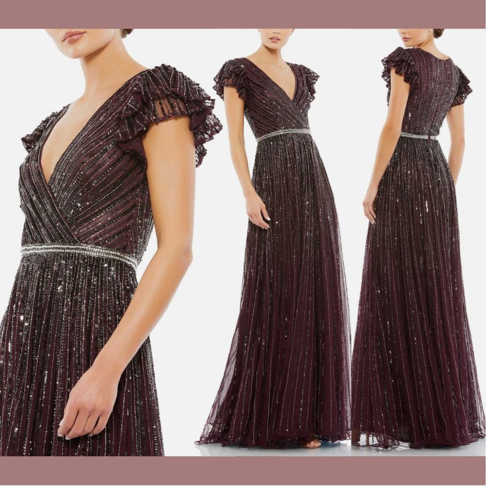 NEW $698 Mac Duggal [ 12 ] Sequined Wrap Over Ruffled Cap Sleeve Gown blackberry